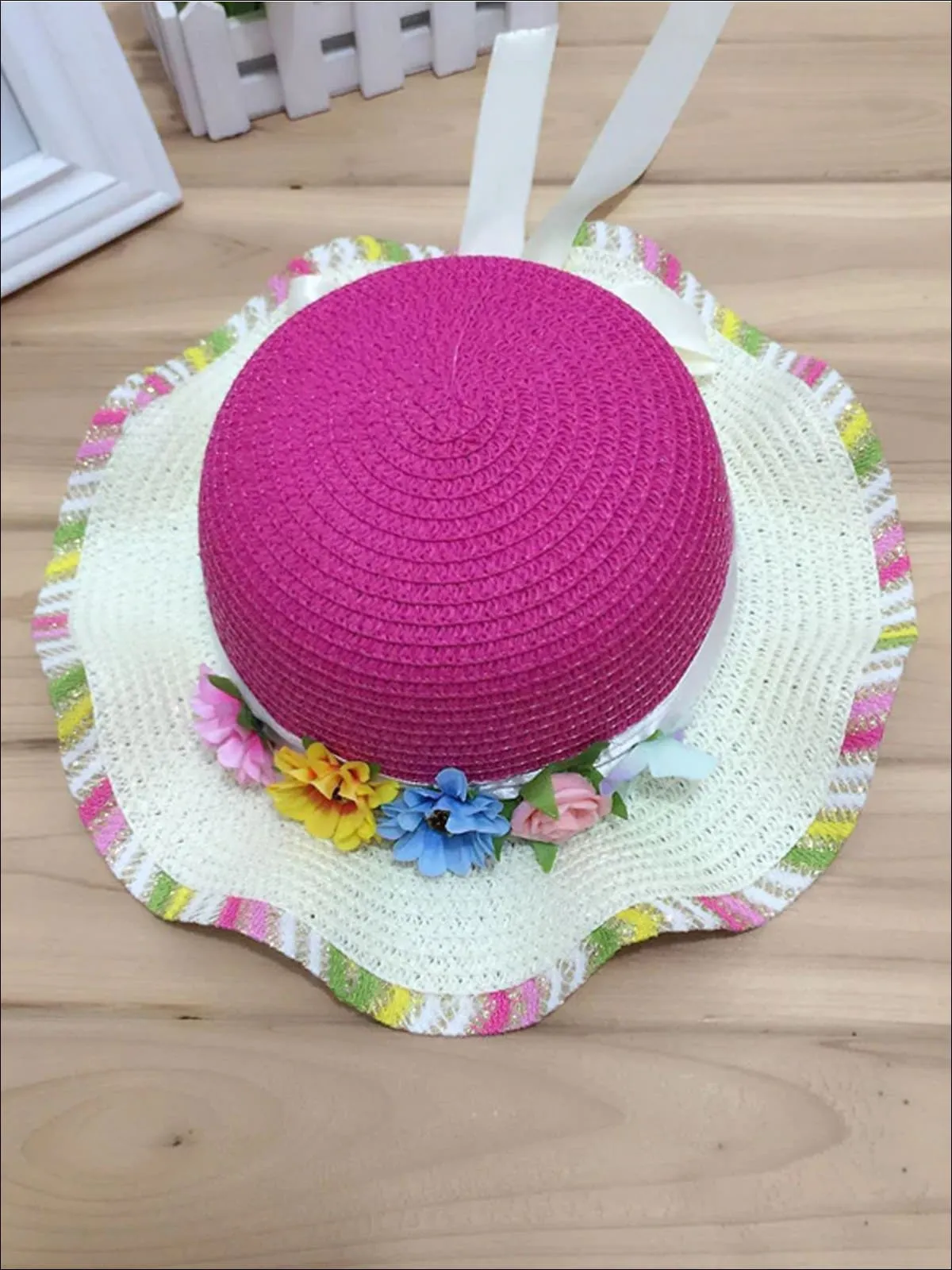 Girls Rainbow Floral Straw Hat