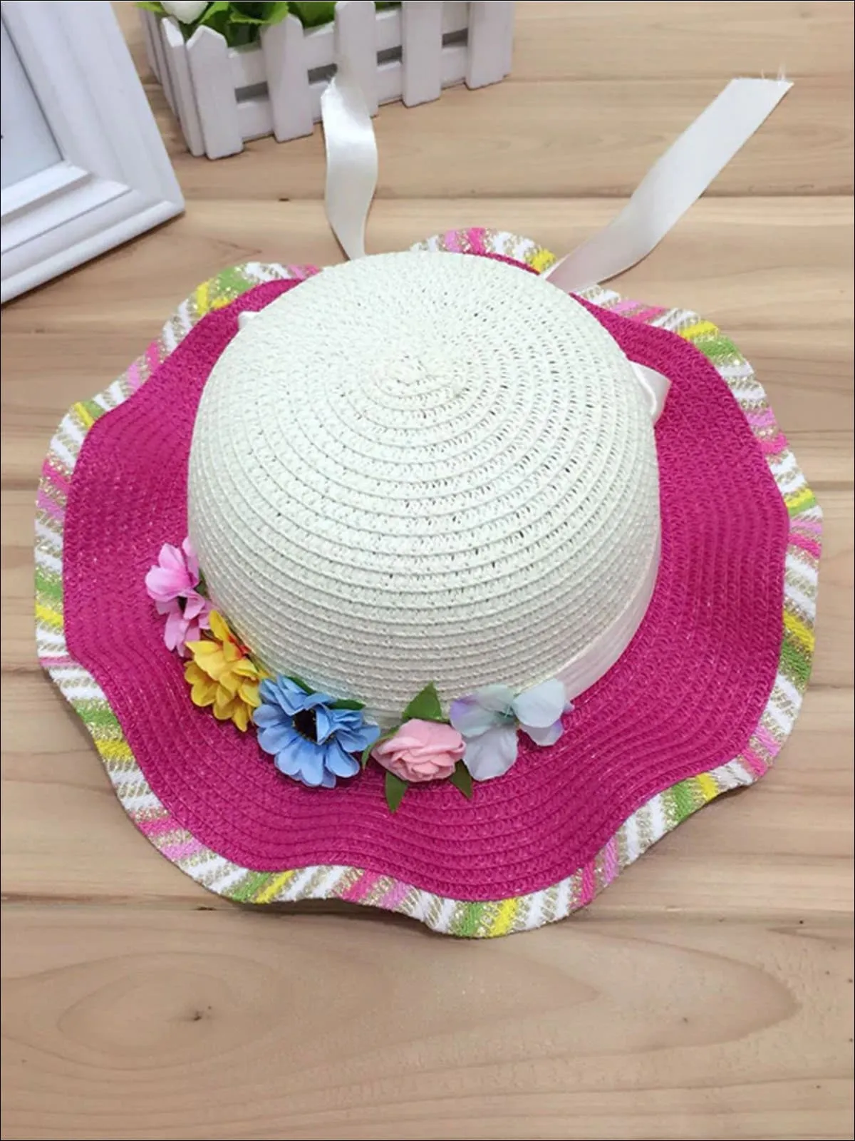 Girls Rainbow Floral Straw Hat