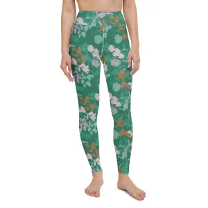 Green Floral Women's High Waisted Yoga Pants