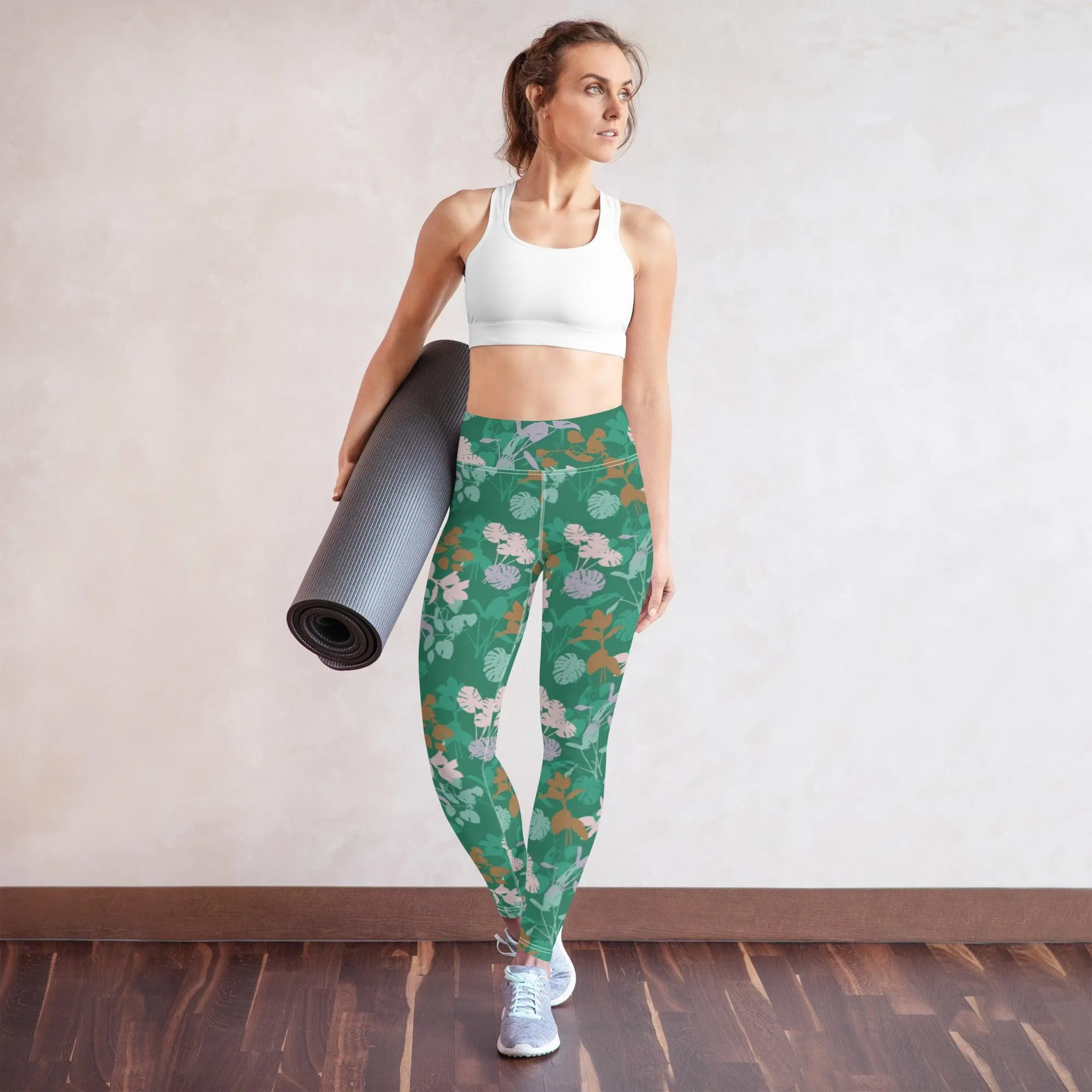 Green Floral Women's High Waisted Yoga Pants