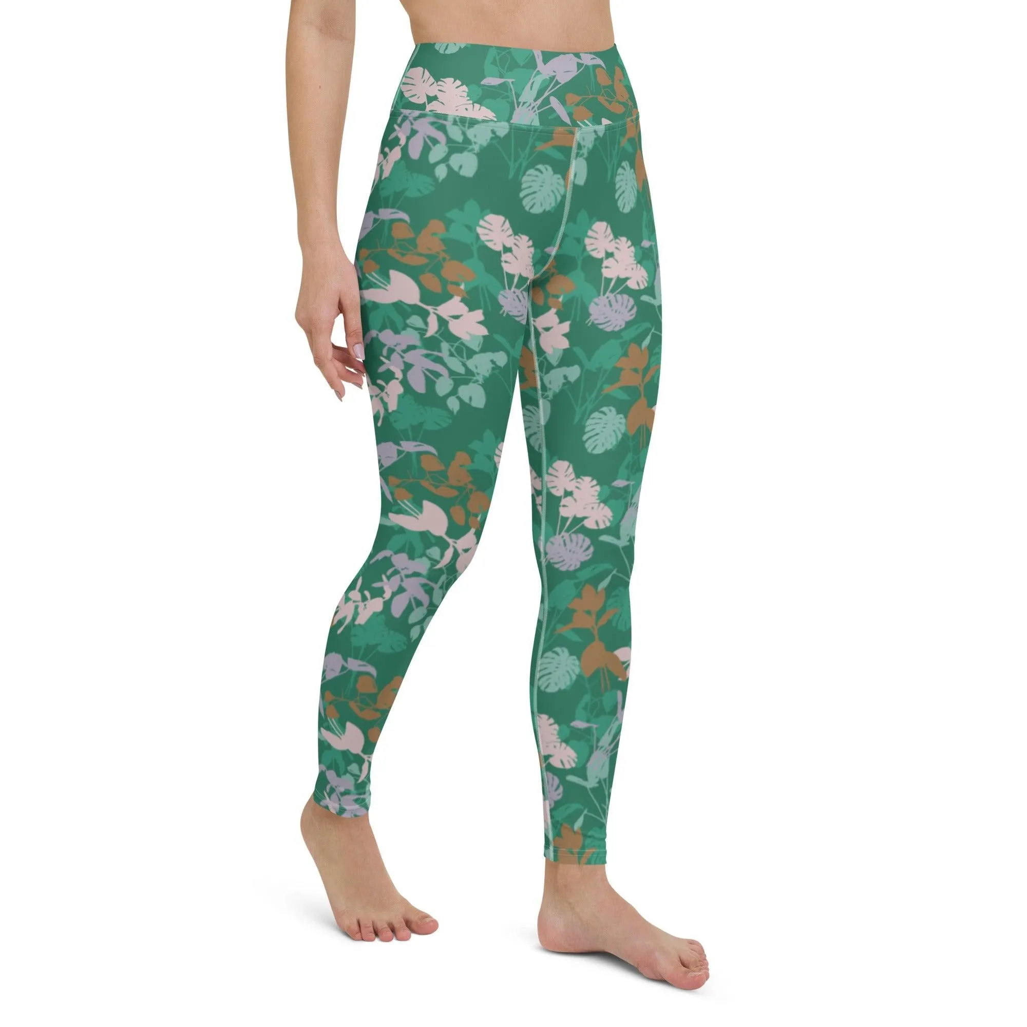 Green Floral Women's High Waisted Yoga Pants