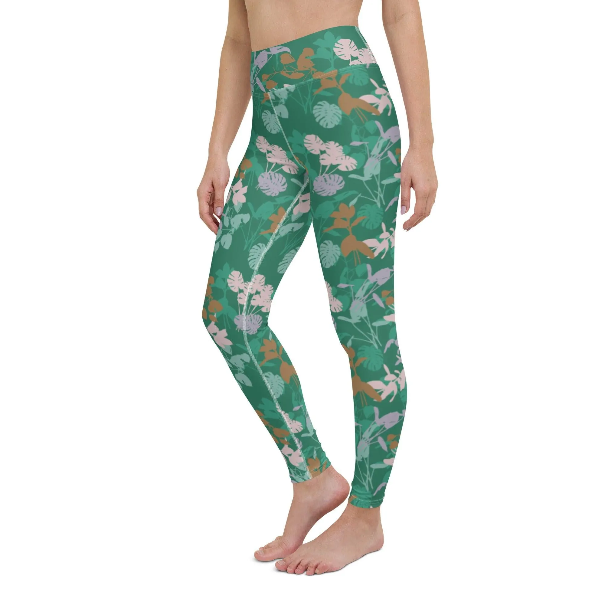 Green Floral Women's High Waisted Yoga Pants