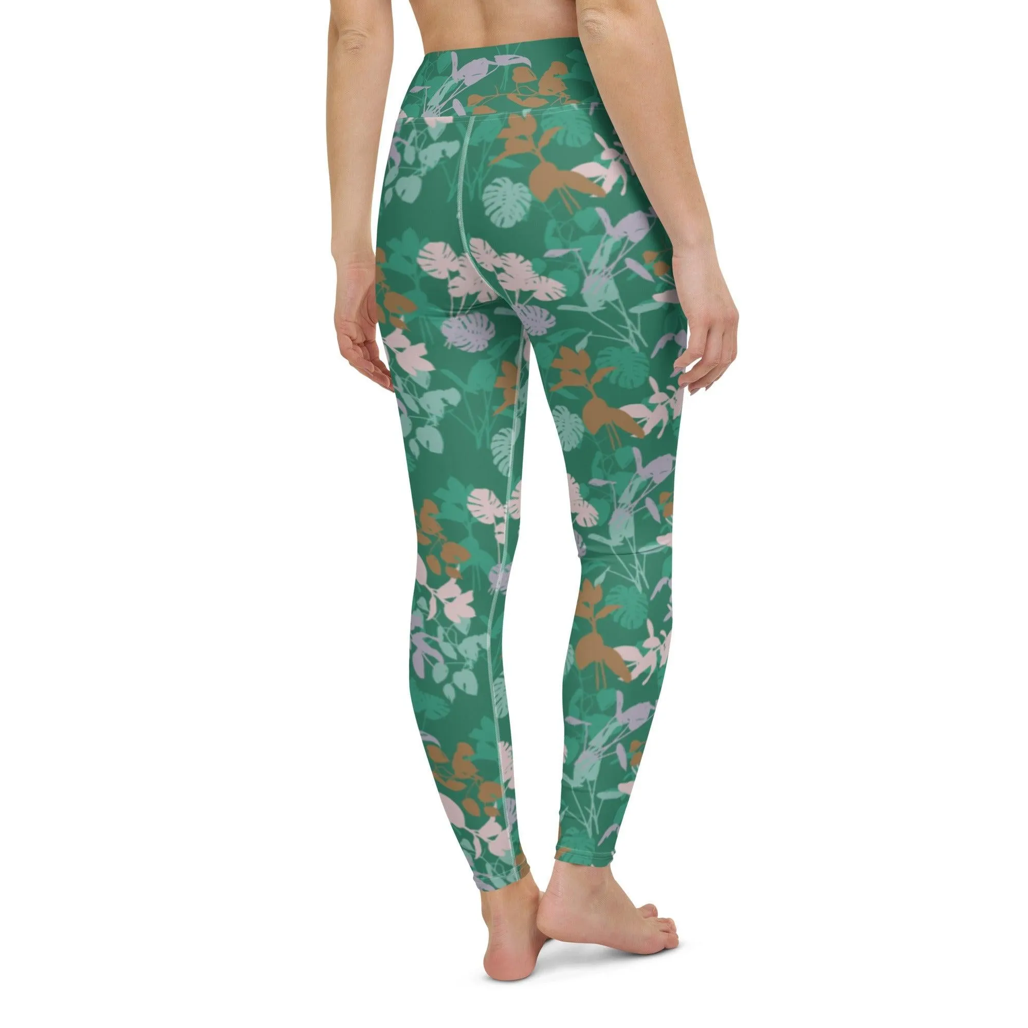 Green Floral Women's High Waisted Yoga Pants