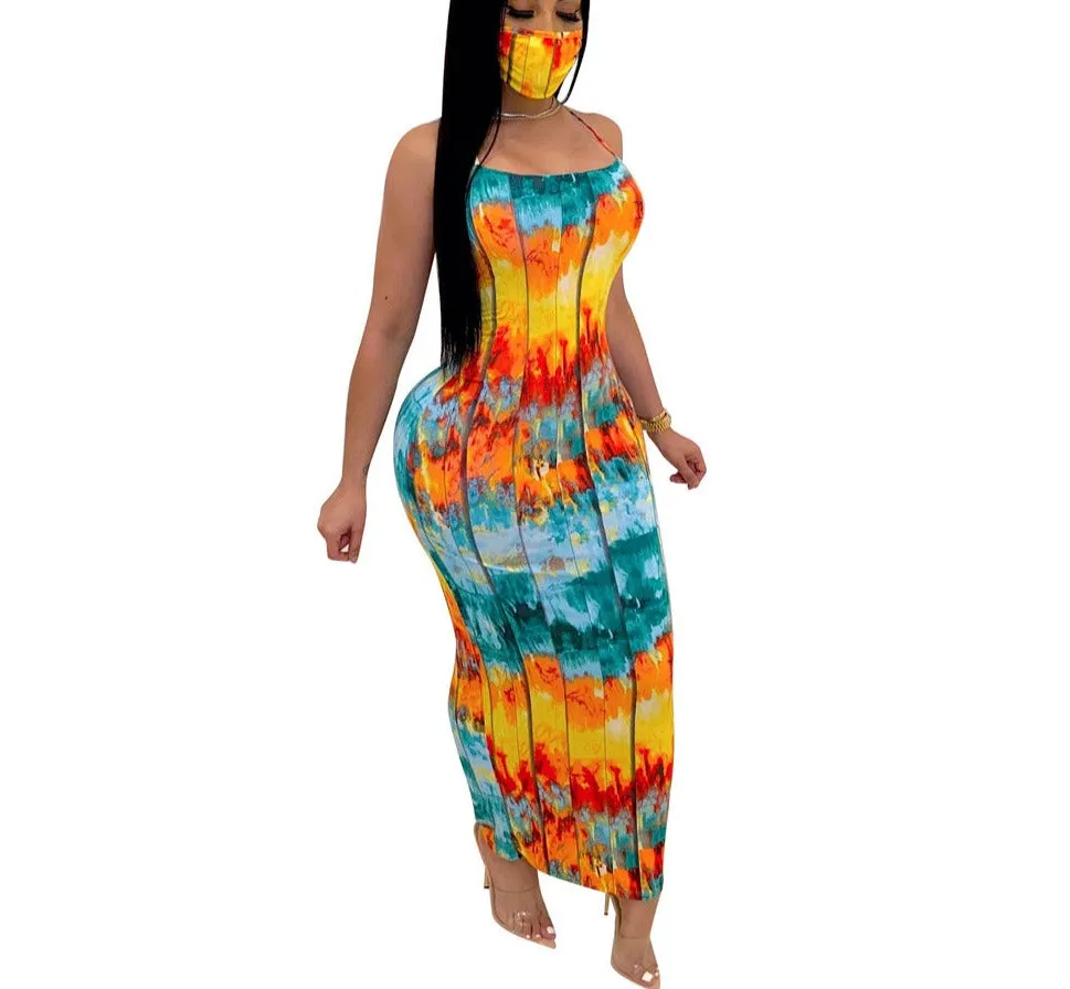 GV Women's sexy print backless girls dress colorful tie dye clothing dress