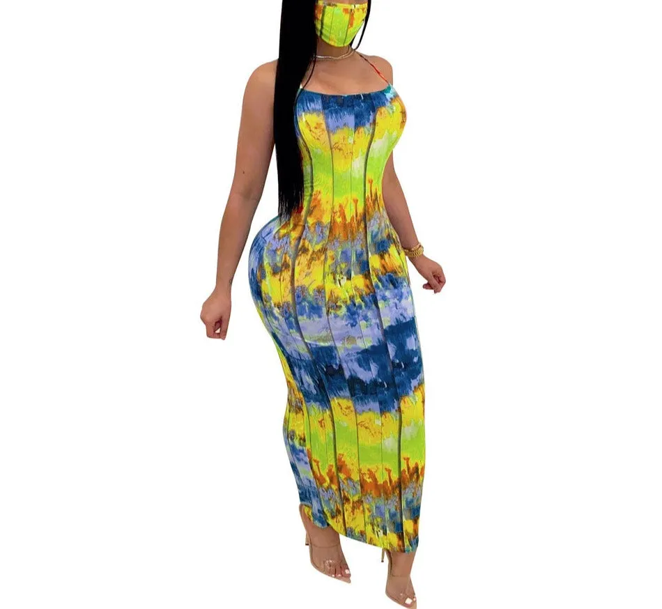 GV Women's sexy print backless girls dress colorful tie dye clothing dress