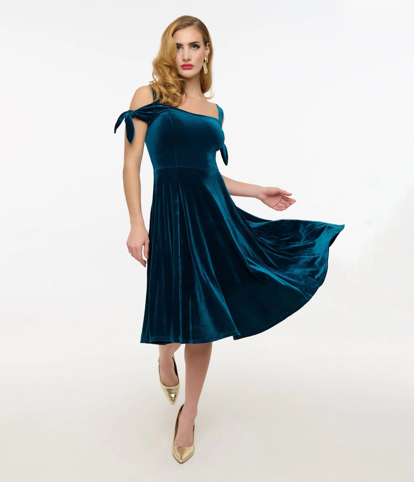 Hell Bunny Teal Velvet Off The Shoulder Midi Dress