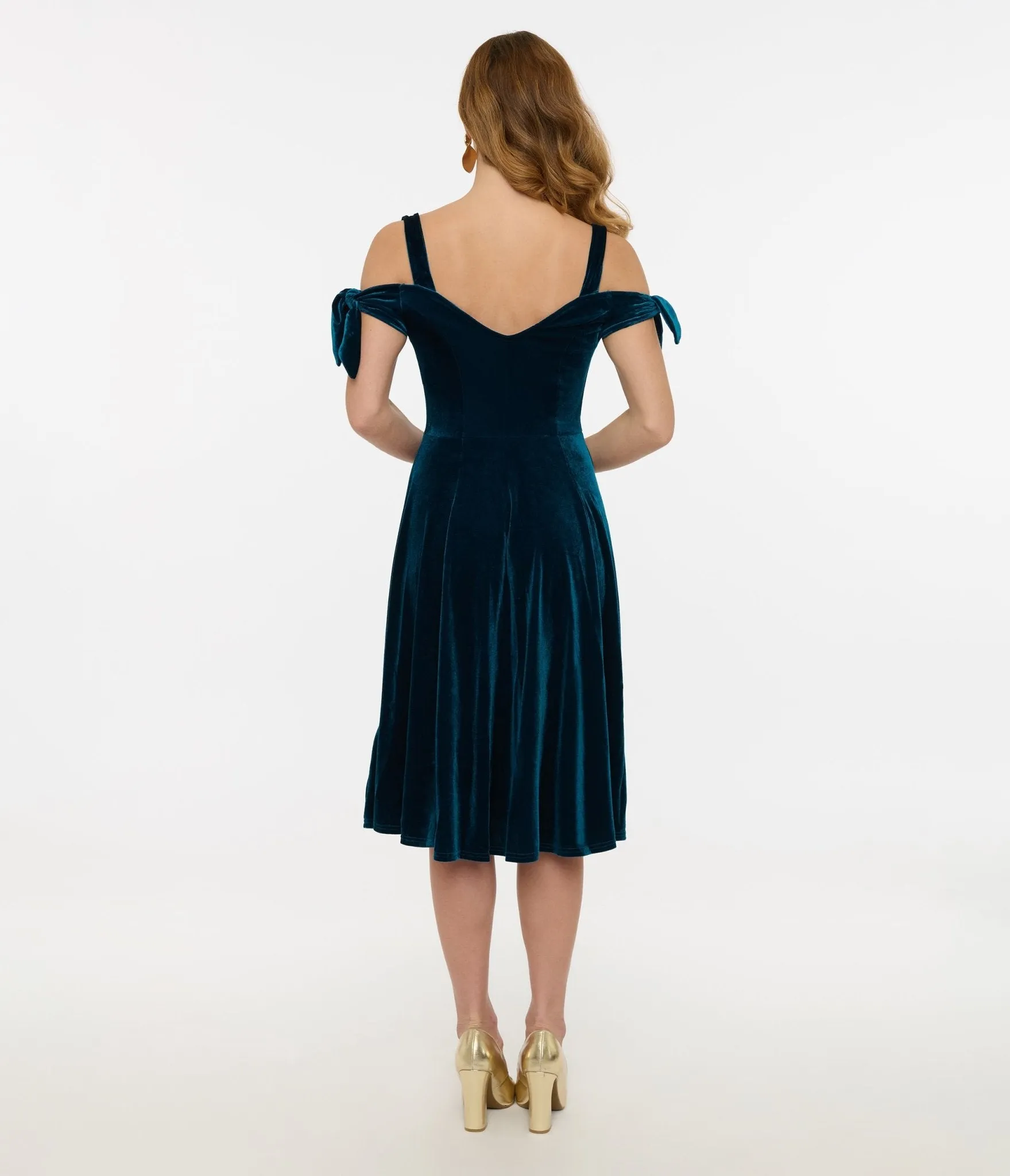 Hell Bunny Teal Velvet Off The Shoulder Midi Dress