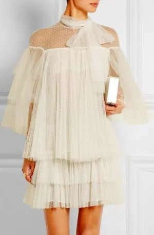 Lace & Tulle Tiered Point D'Esprit Dress in White