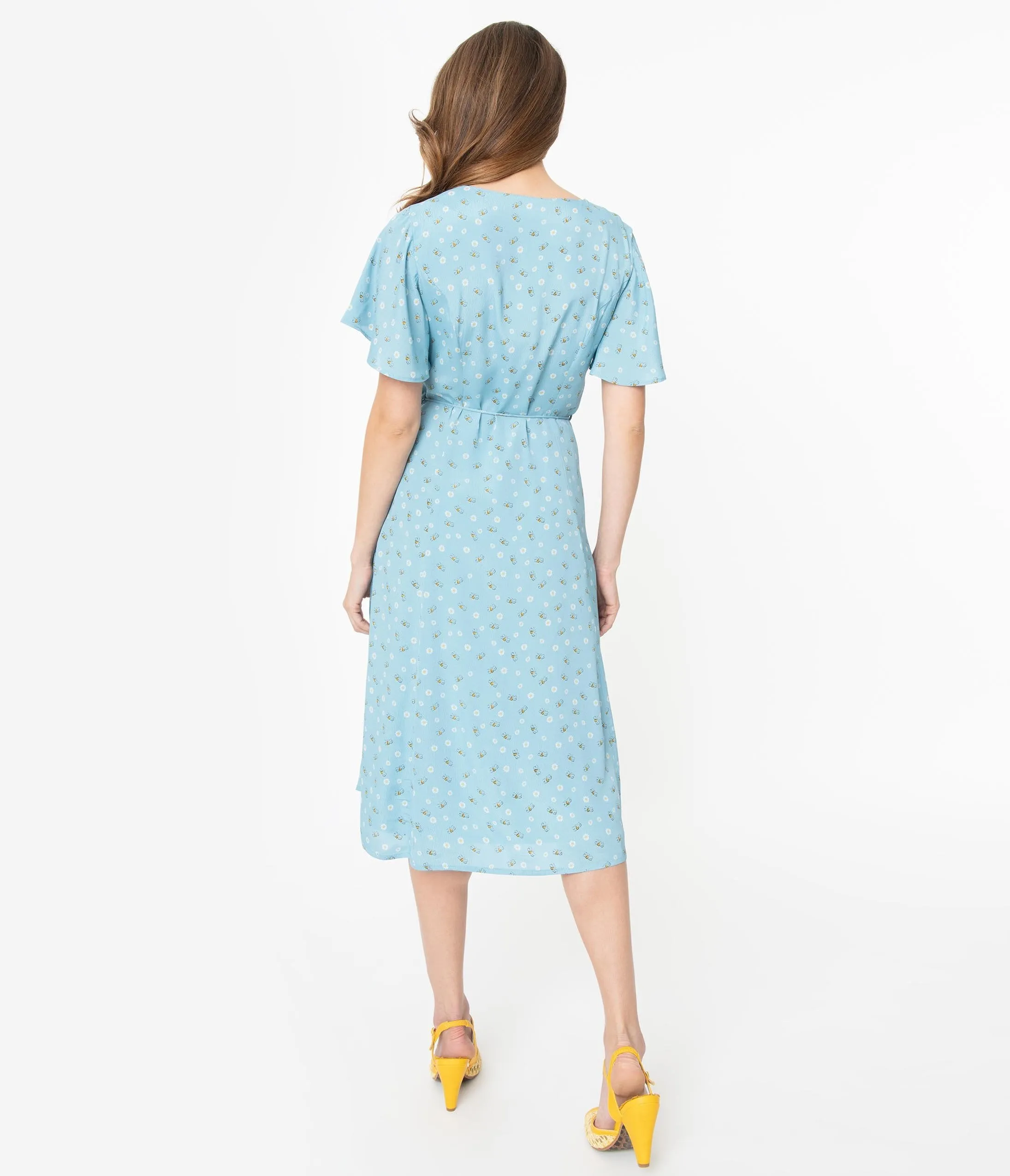 Light Blue Floral Bumble Bee Print Dixie Midi Dress