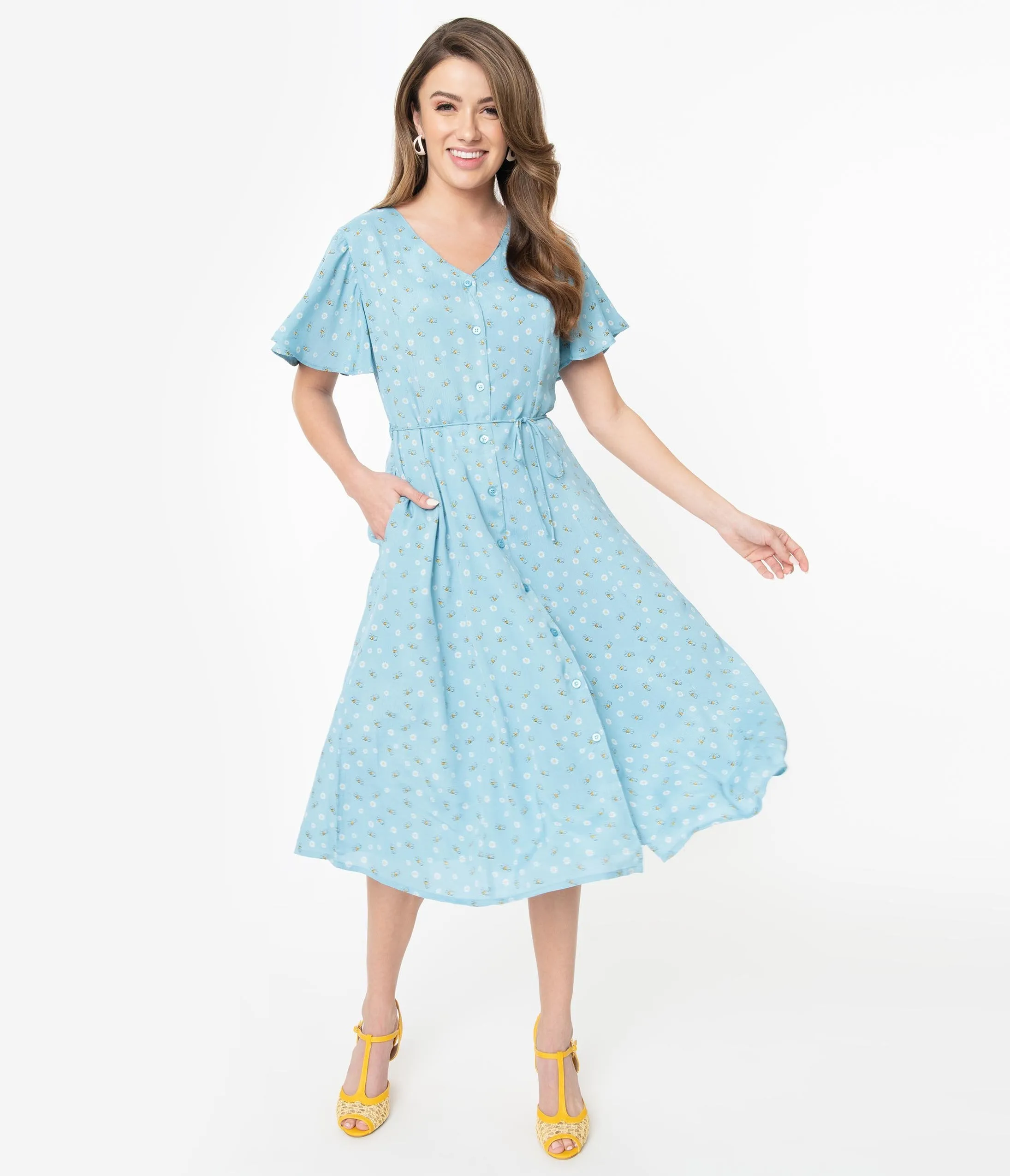 Light Blue Floral Bumble Bee Print Dixie Midi Dress