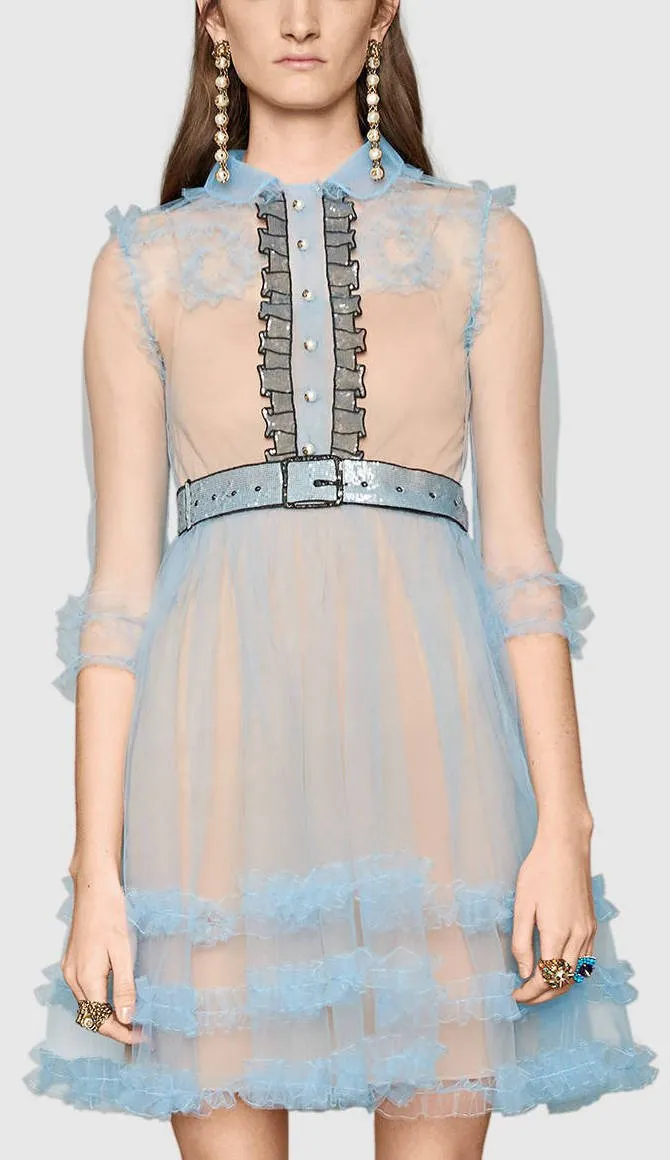 Light-Tulle Organdy Ruffle Sequin Embellished Dress