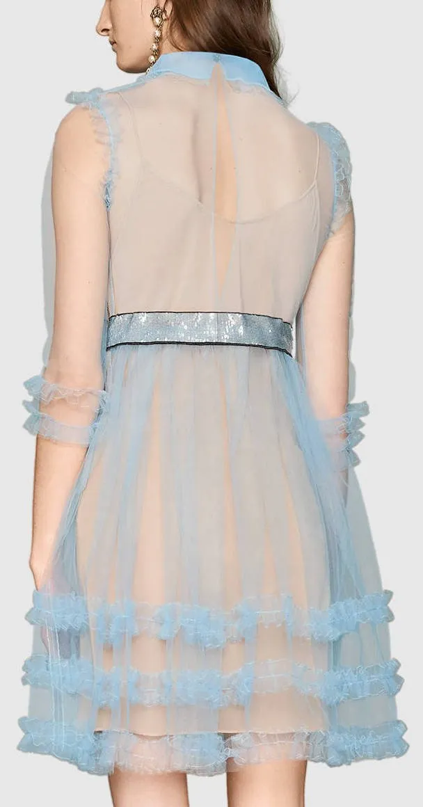 Light-Tulle Organdy Ruffle Sequin Embellished Dress