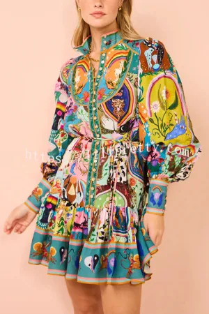 Lilipretty Touch of Luxury Unique Print Balloon Sleeve Button Shirt Mini Dress