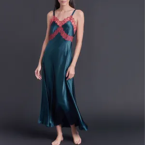 Marlayne Silk Charmeuse Slip in Peacock with Red Lace