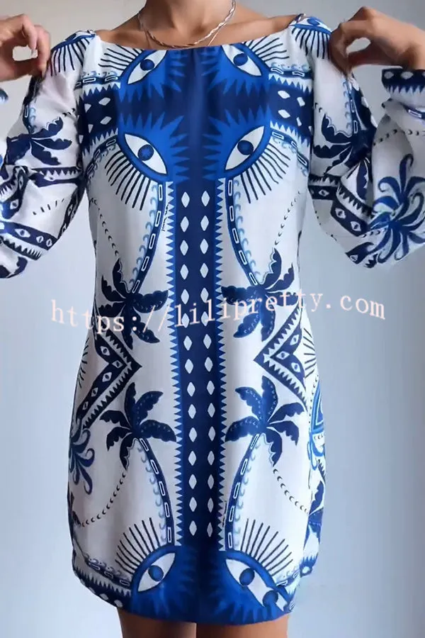 Mysterious Eyes Tree Ethnic Print Long Sleeve Loose Mini Dress