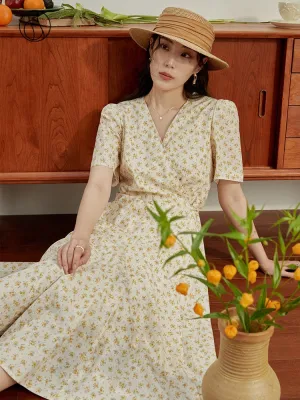 Nsquared Sweet Style Wrap V Neck Floral Dress | High Waist Tea Break Sense Long Dress for Female