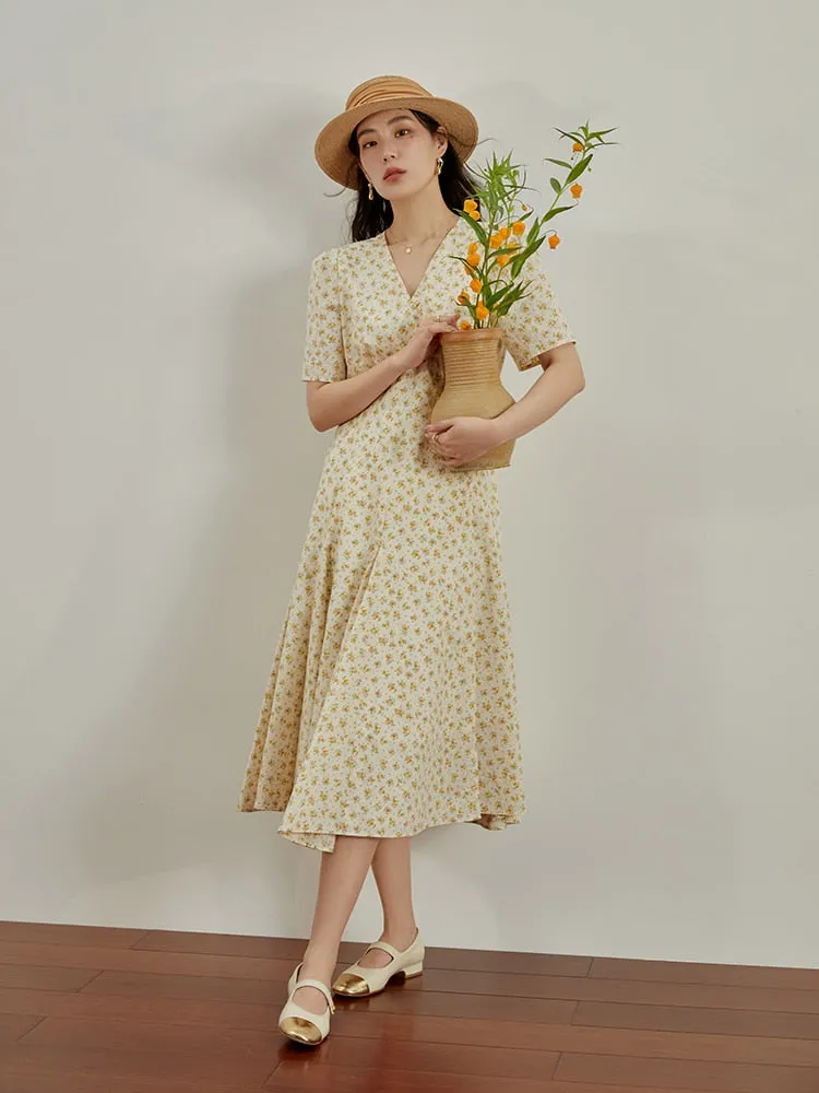 Nsquared Sweet Style Wrap V Neck Floral Dress | High Waist Tea Break Sense Long Dress for Female