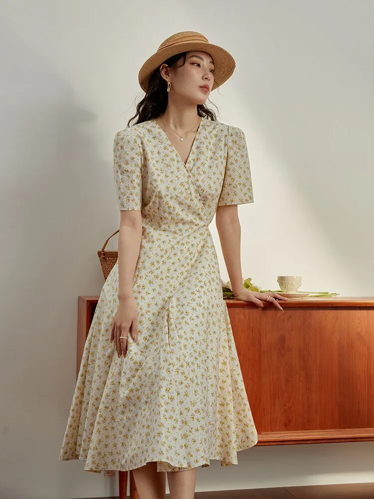 Nsquared Sweet Style Wrap V Neck Floral Dress | High Waist Tea Break Sense Long Dress for Female