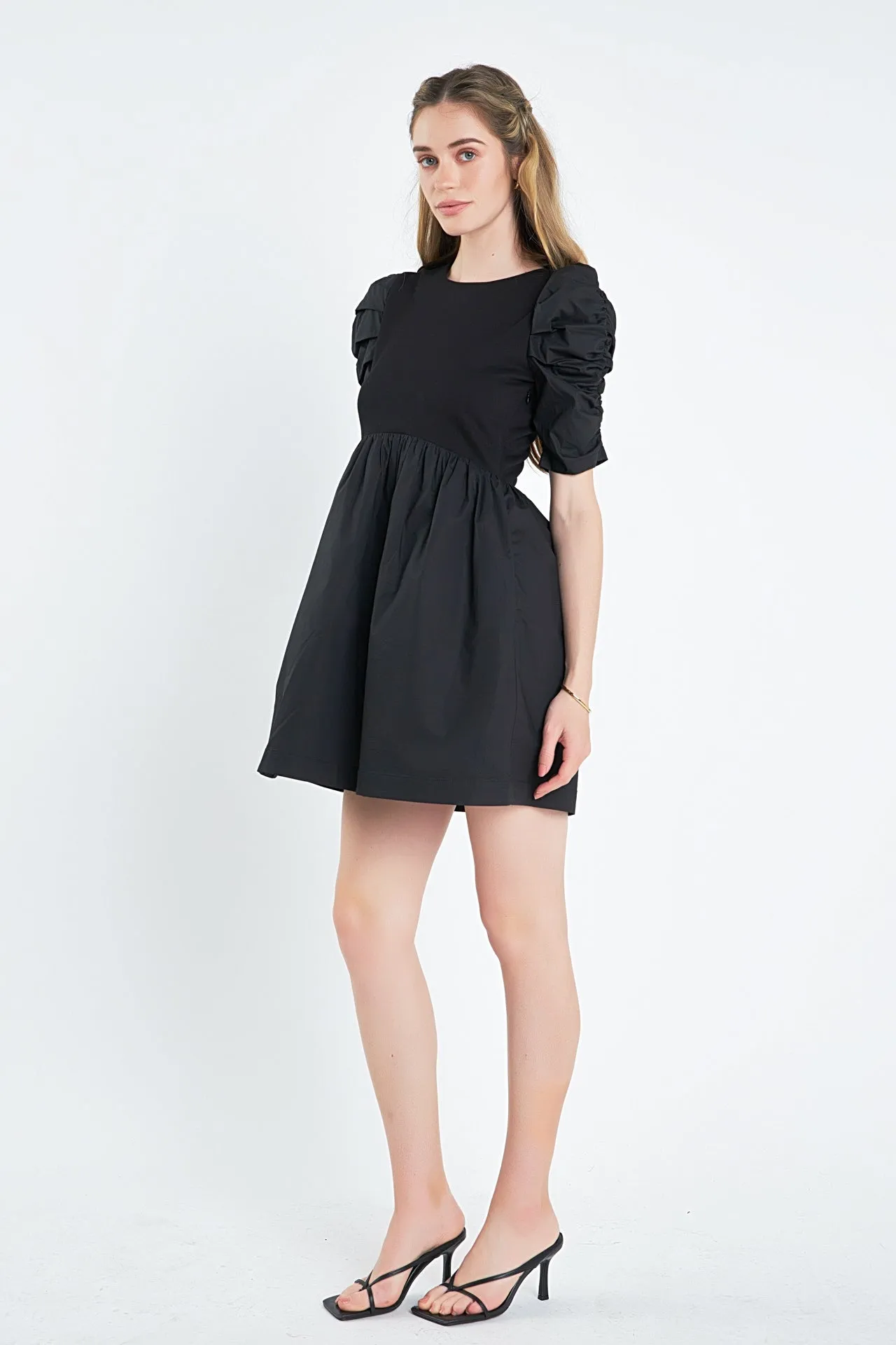 Pleated Puff Sleeve Mini Dress