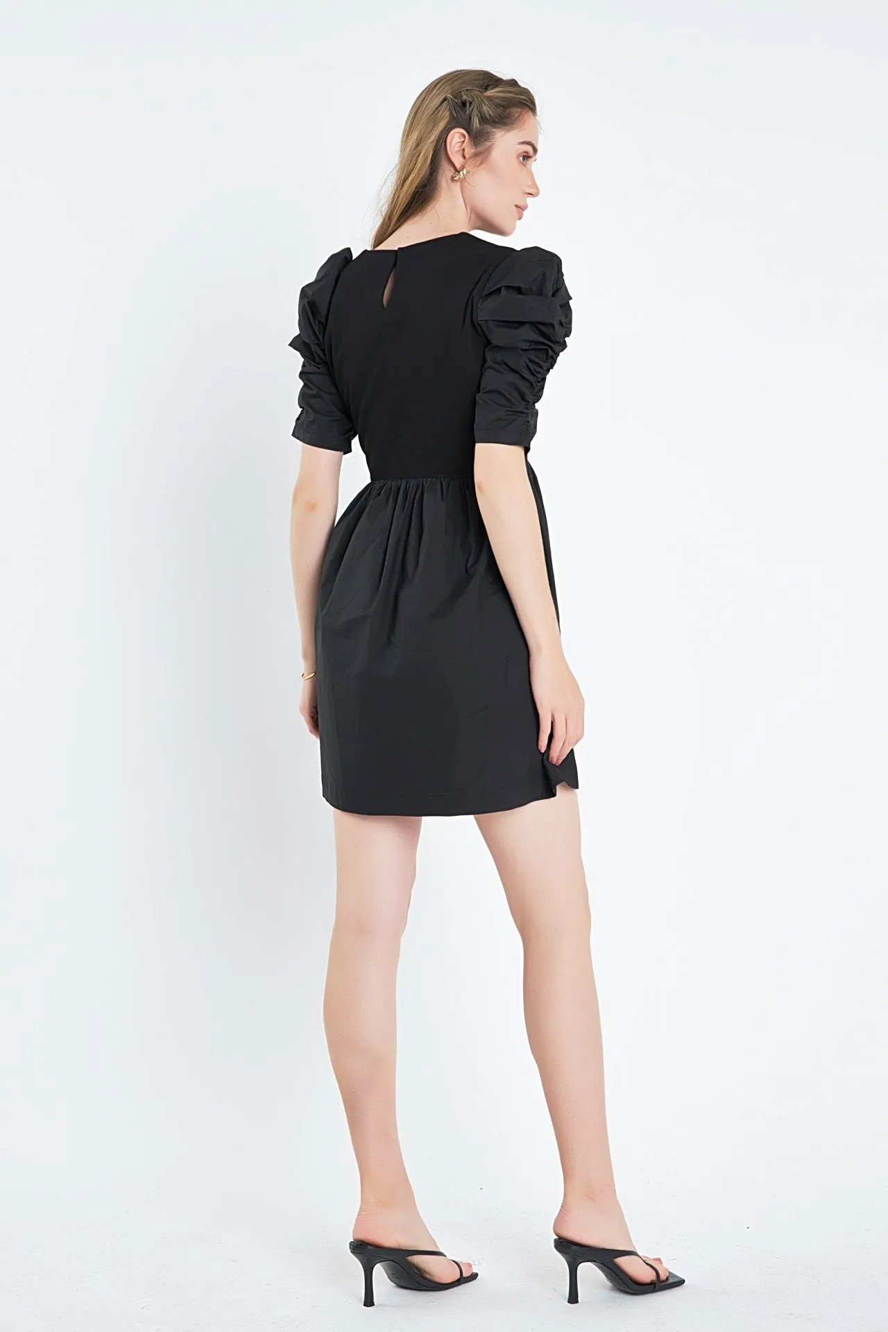 Pleated Puff Sleeve Mini Dress