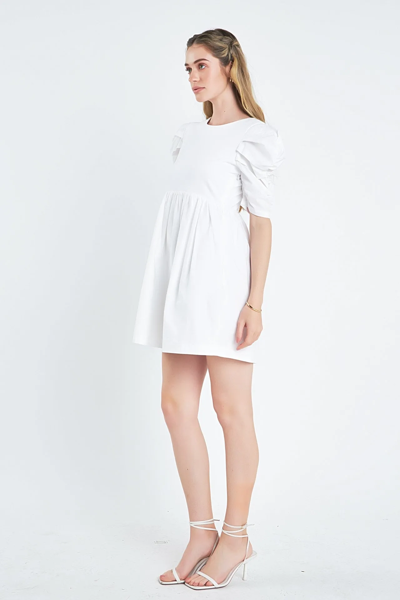 Pleated Puff Sleeve Mini Dress