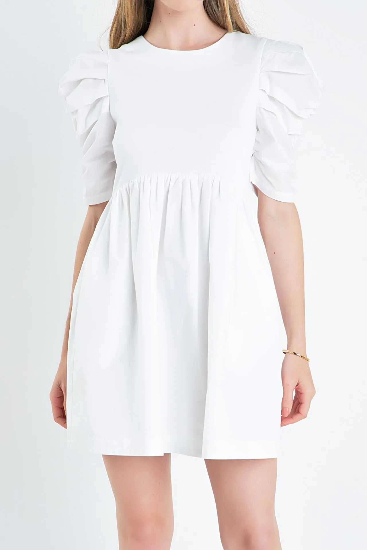 Pleated Puff Sleeve Mini Dress