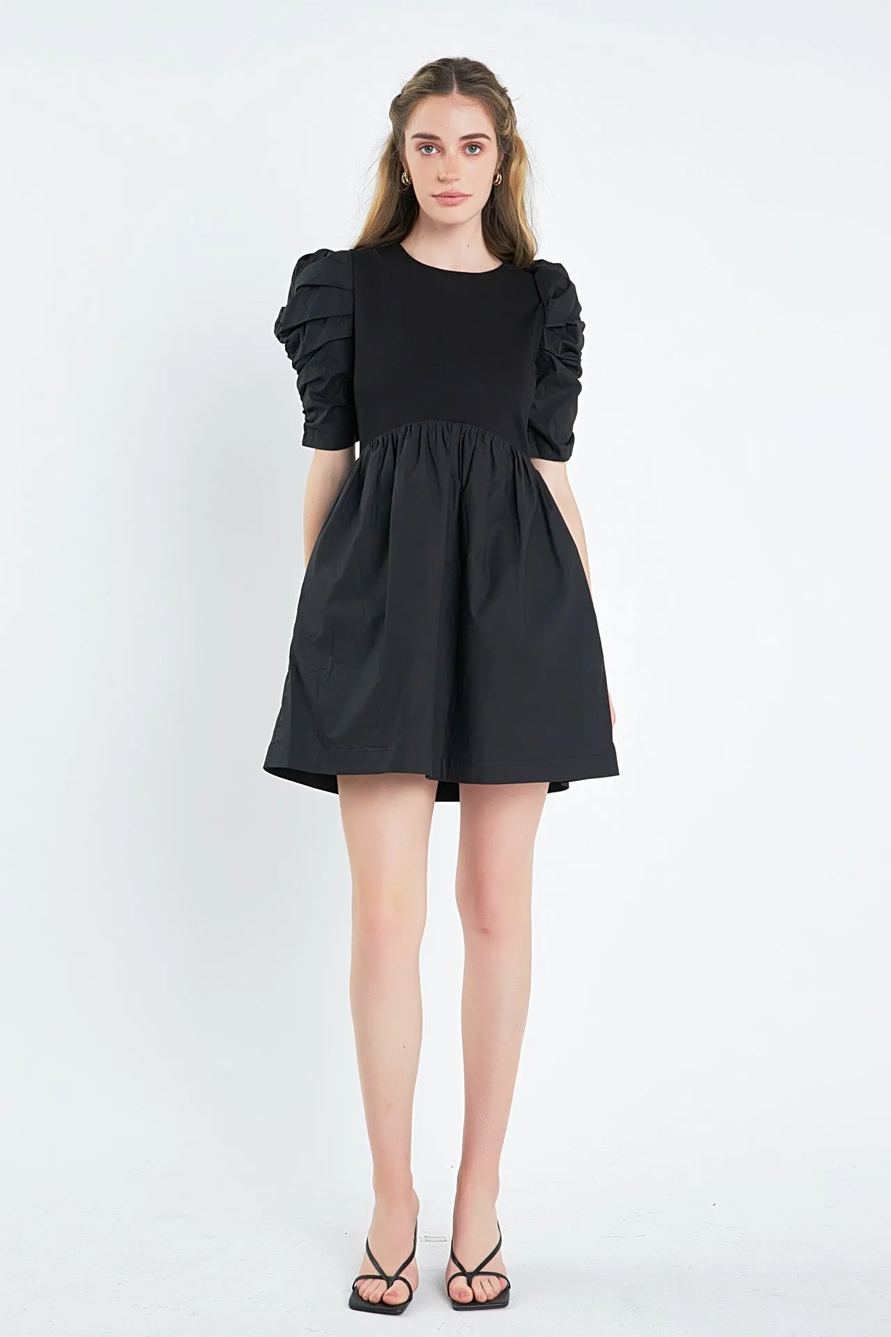 Pleated Puff Sleeve Mini Dress