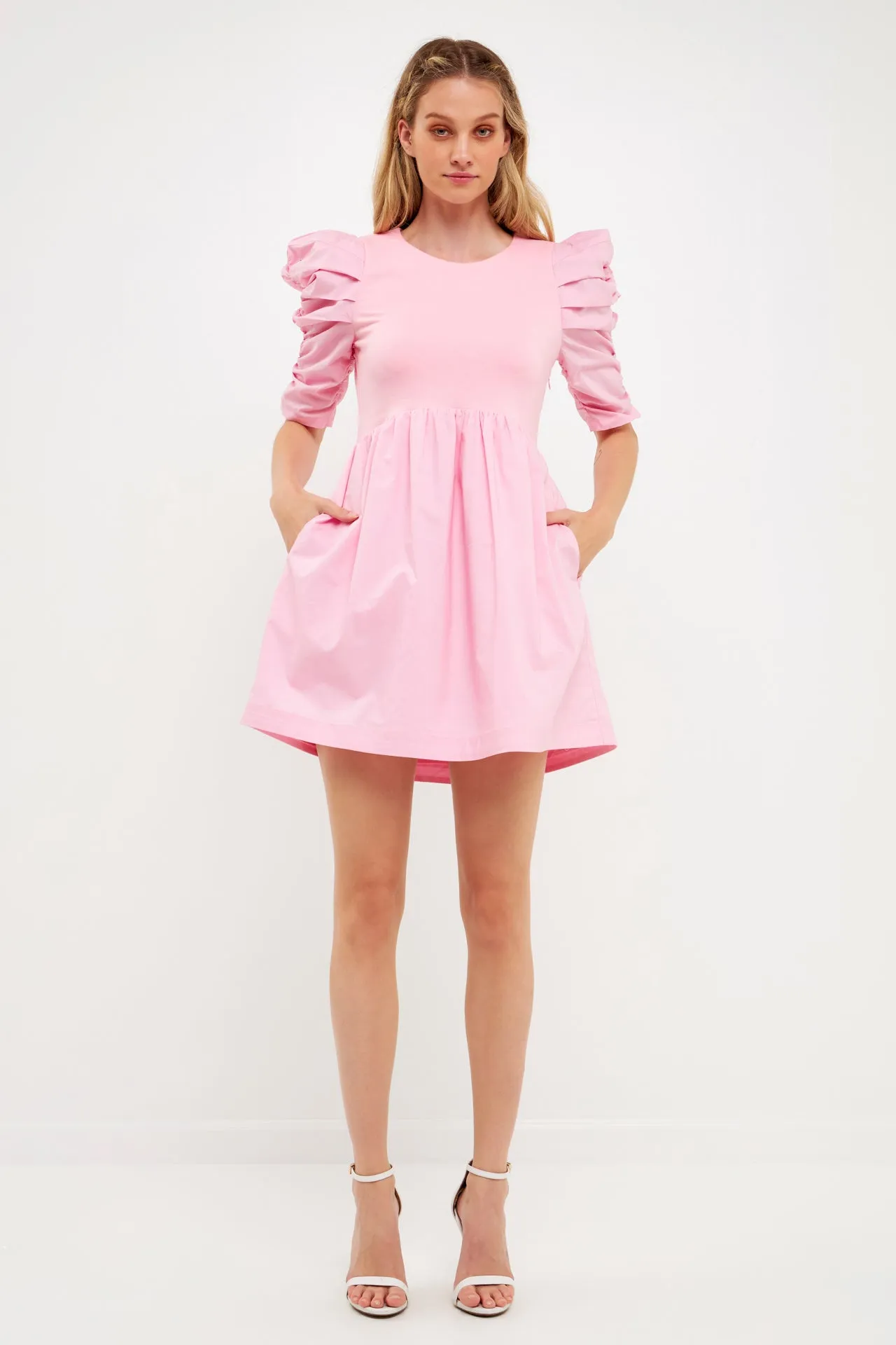 Pleated Puff Sleeve Mini Dress