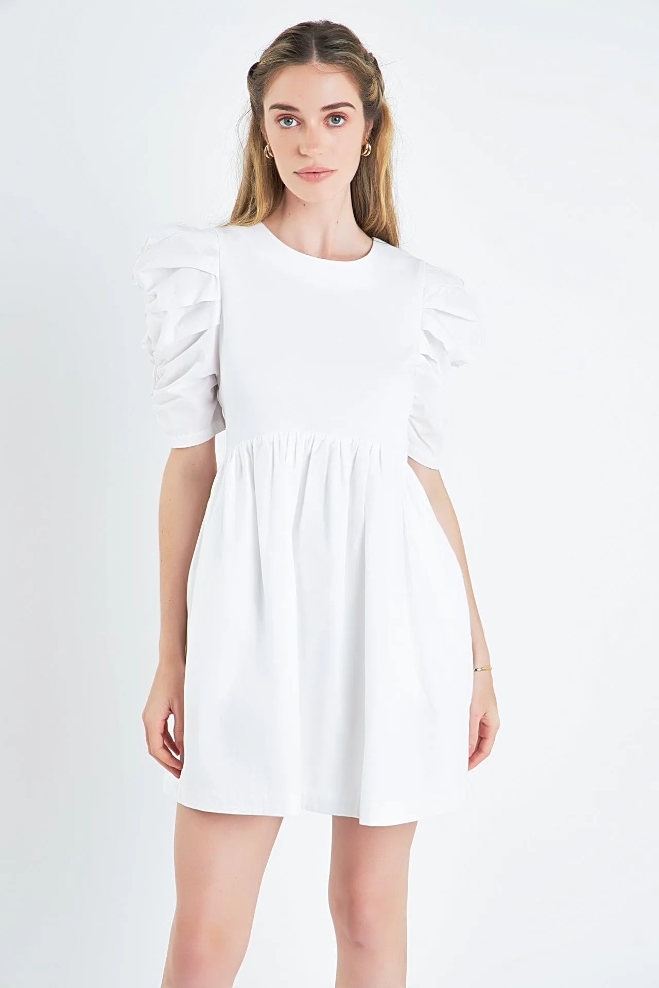 Pleated Puff Sleeve Mini Dress