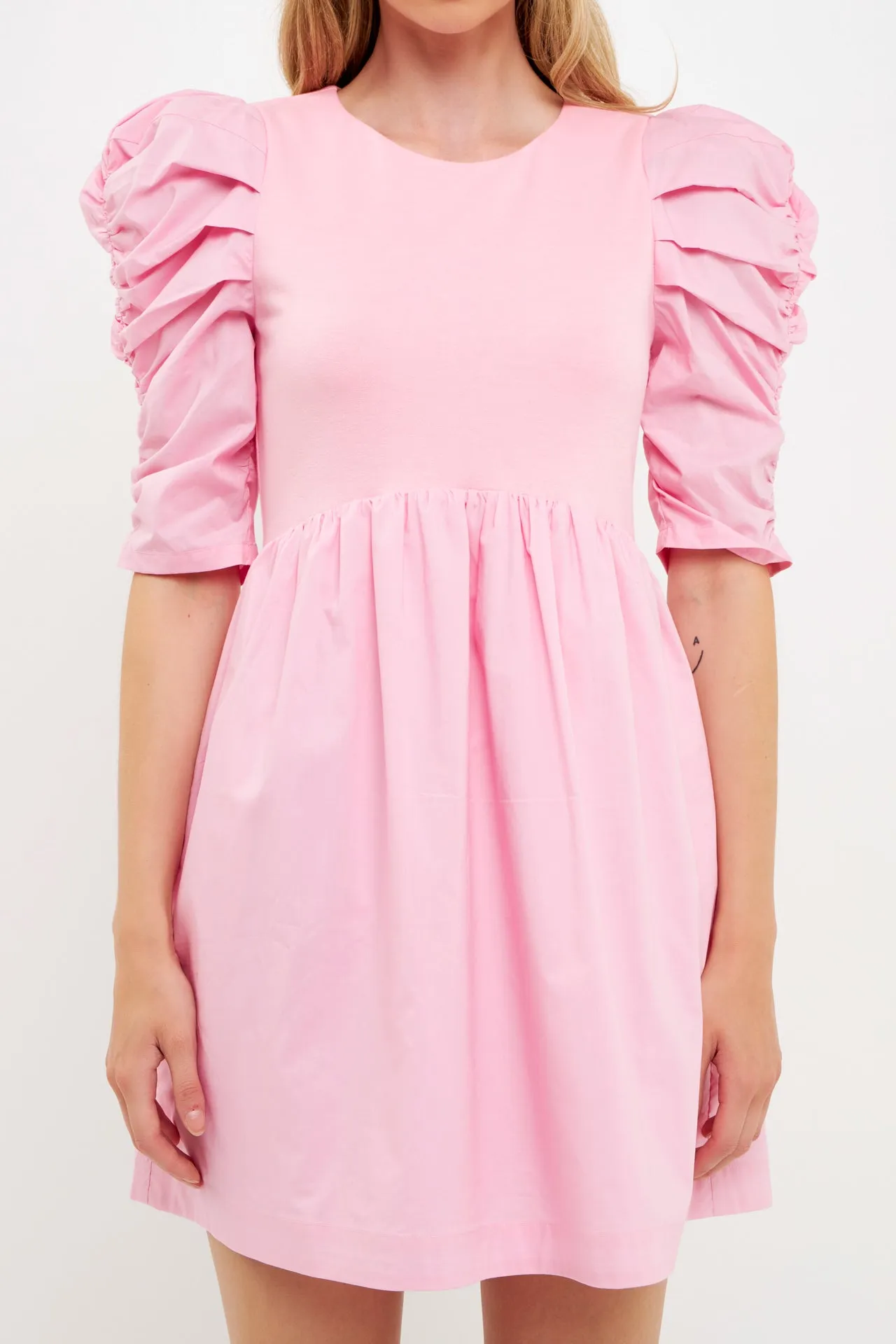 Pleated Puff Sleeve Mini Dress