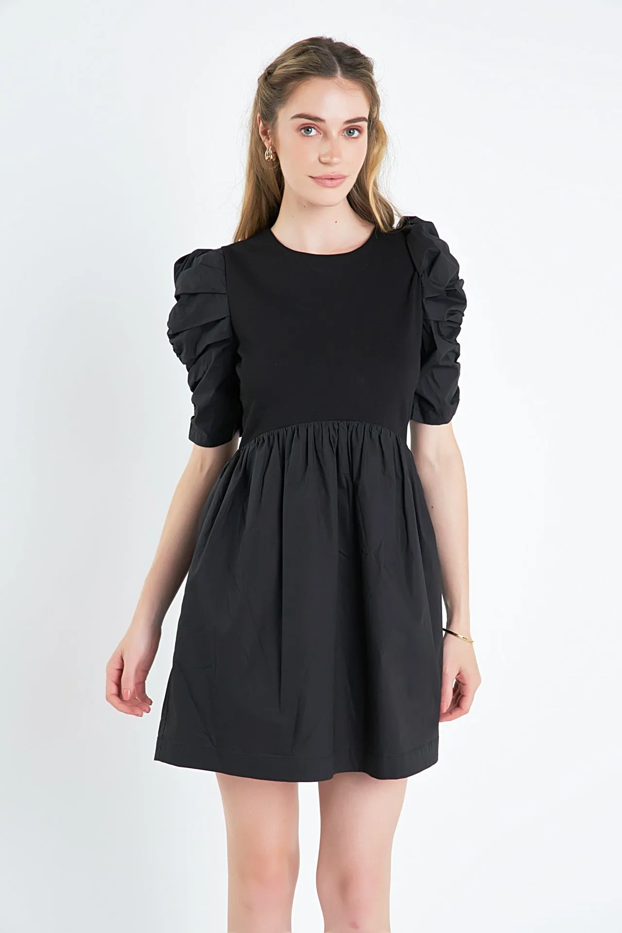 Pleated Puff Sleeve Mini Dress