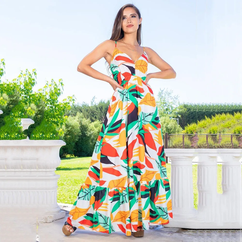 Plunge Neck Colorful Printed High Waist Resort Sundresses Ruffled Slip Dress Wholesale Maxi Dresses