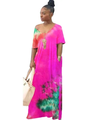 Plus Size Off Shoulder Tie Dyed Maxi Dresses