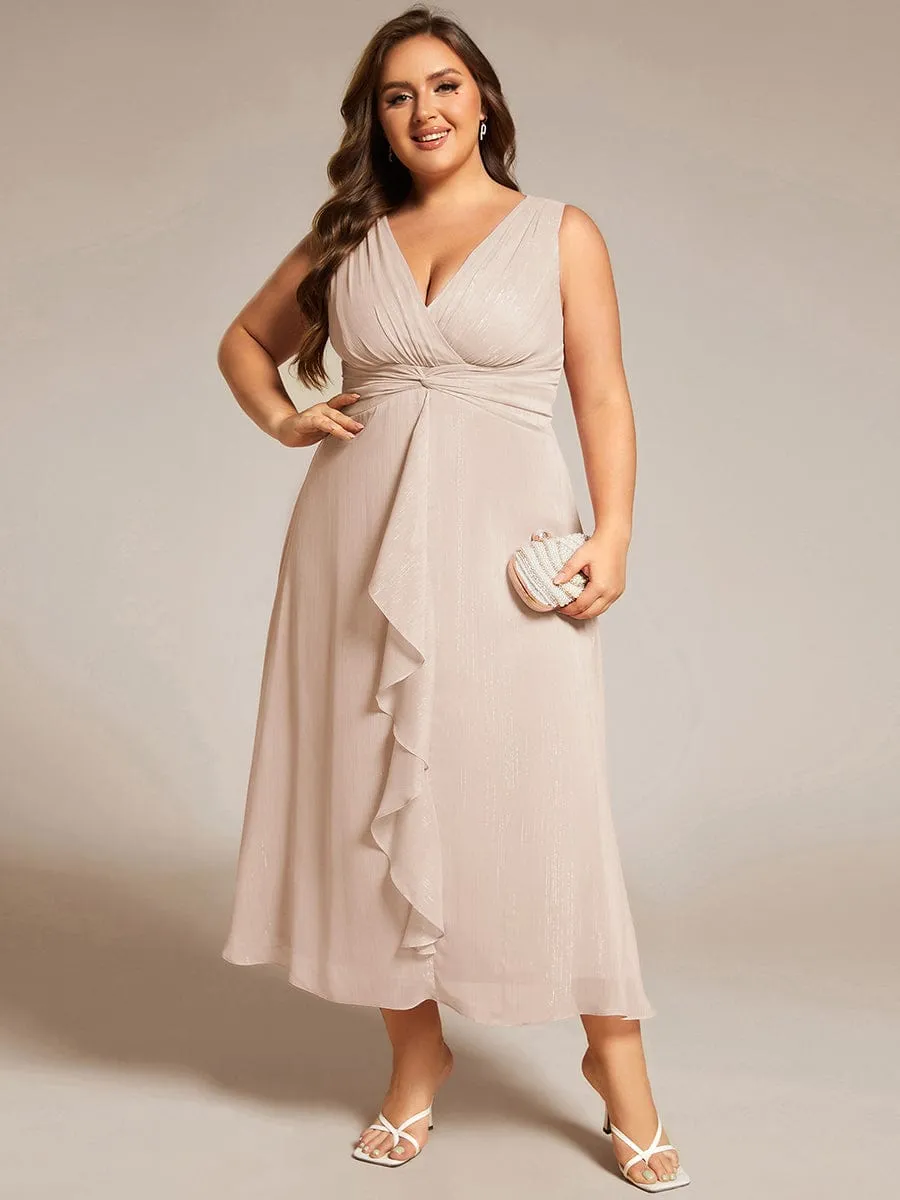 Plus Size Sleeveless Glittery Ruffled V-Neck Midi Wedding Guest Dress