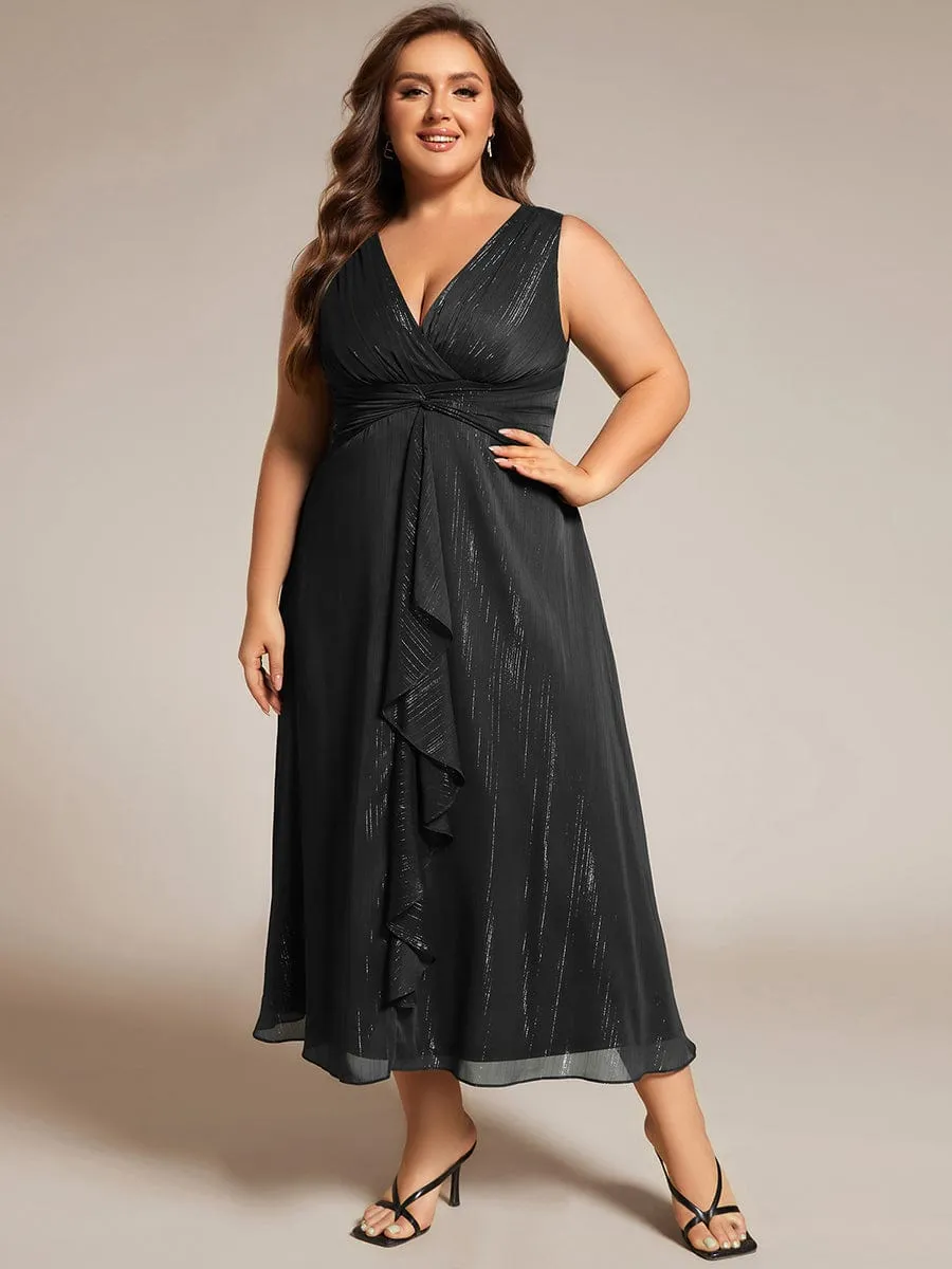 Plus Size Sleeveless Glittery Ruffled V-Neck Midi Wedding Guest Dress