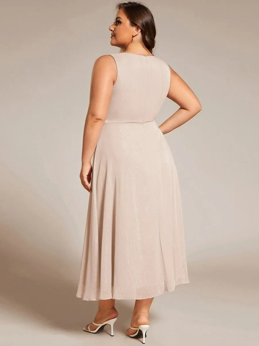 Plus Size Sleeveless Glittery Ruffled V-Neck Midi Wedding Guest Dress