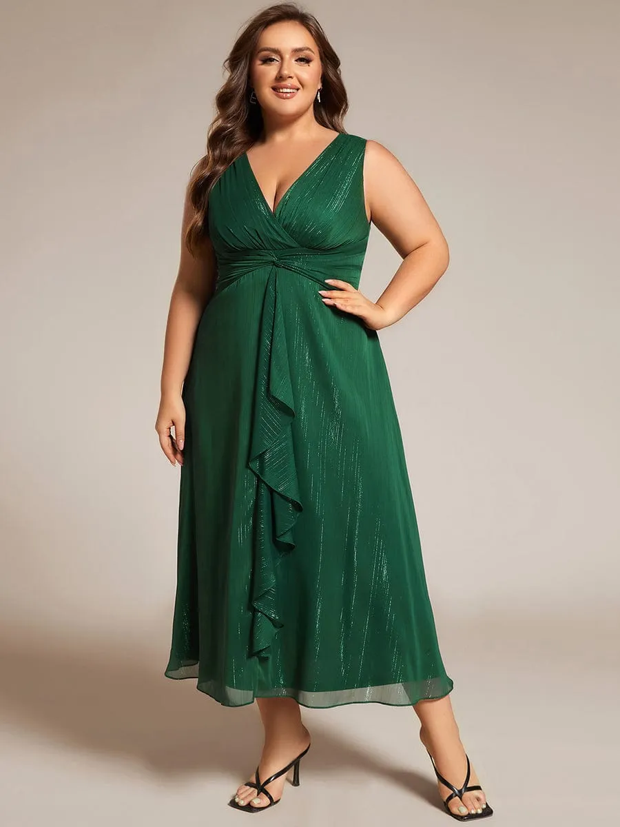 Plus Size Sleeveless Glittery Ruffled V-Neck Midi Wedding Guest Dress