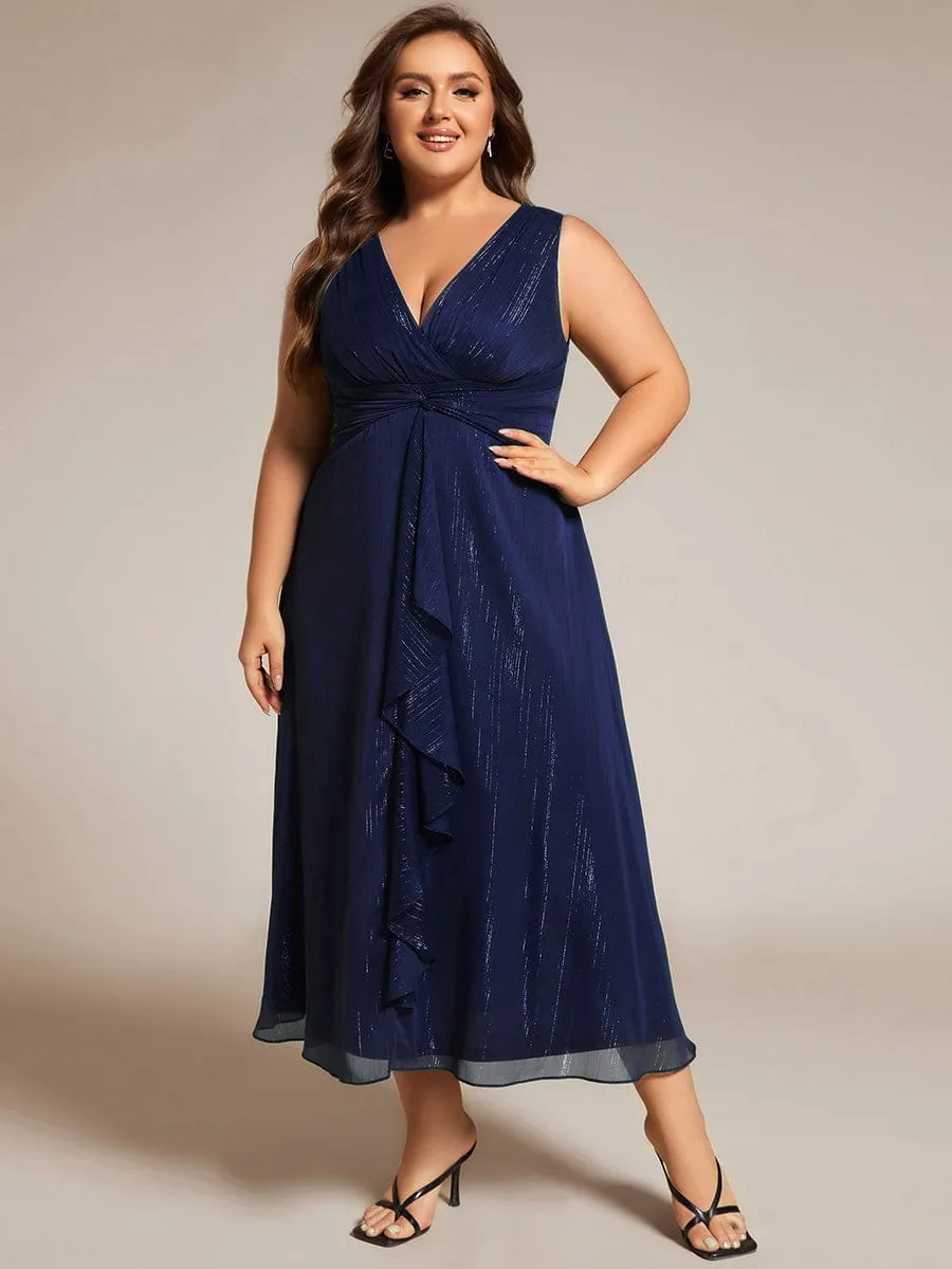 Plus Size Sleeveless Glittery Ruffled V-Neck Midi Wedding Guest Dress