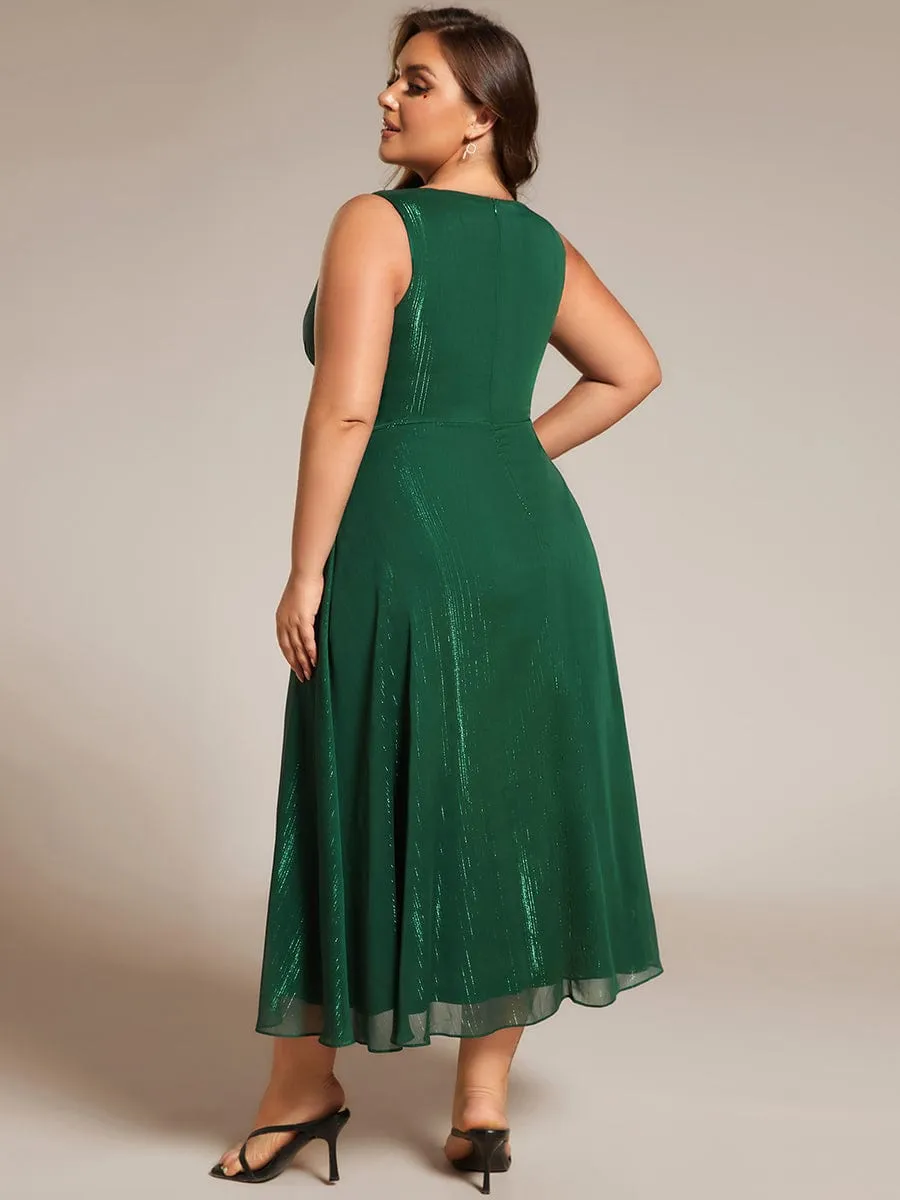 Plus Size Sleeveless Glittery Ruffled V-Neck Midi Wedding Guest Dress