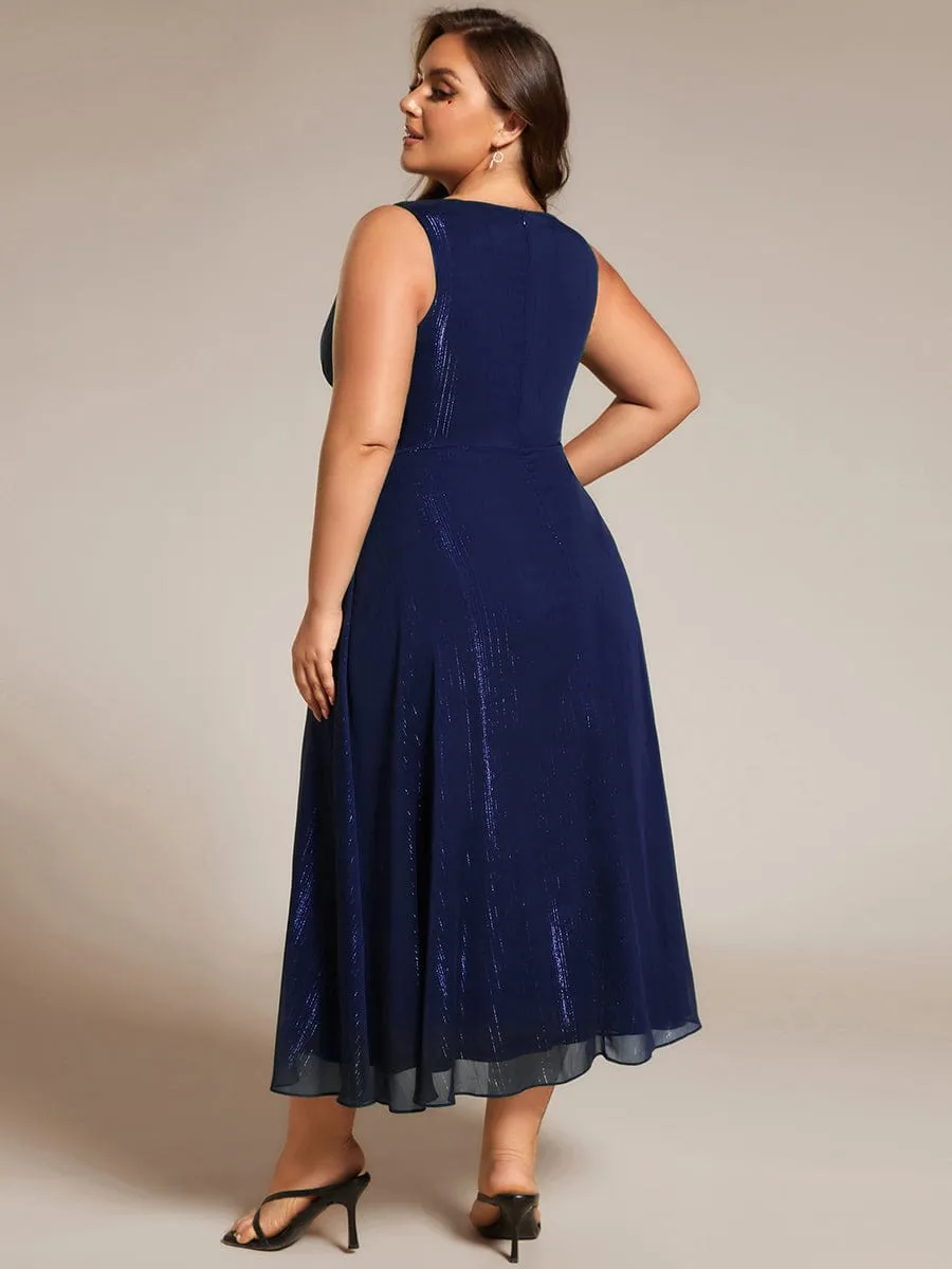 Plus Size Sleeveless Glittery Ruffled V-Neck Midi Wedding Guest Dress