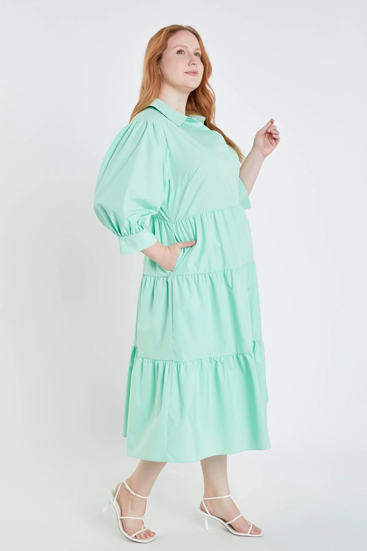 Plus Size V-neckline Puff Sleeve Midi Dress