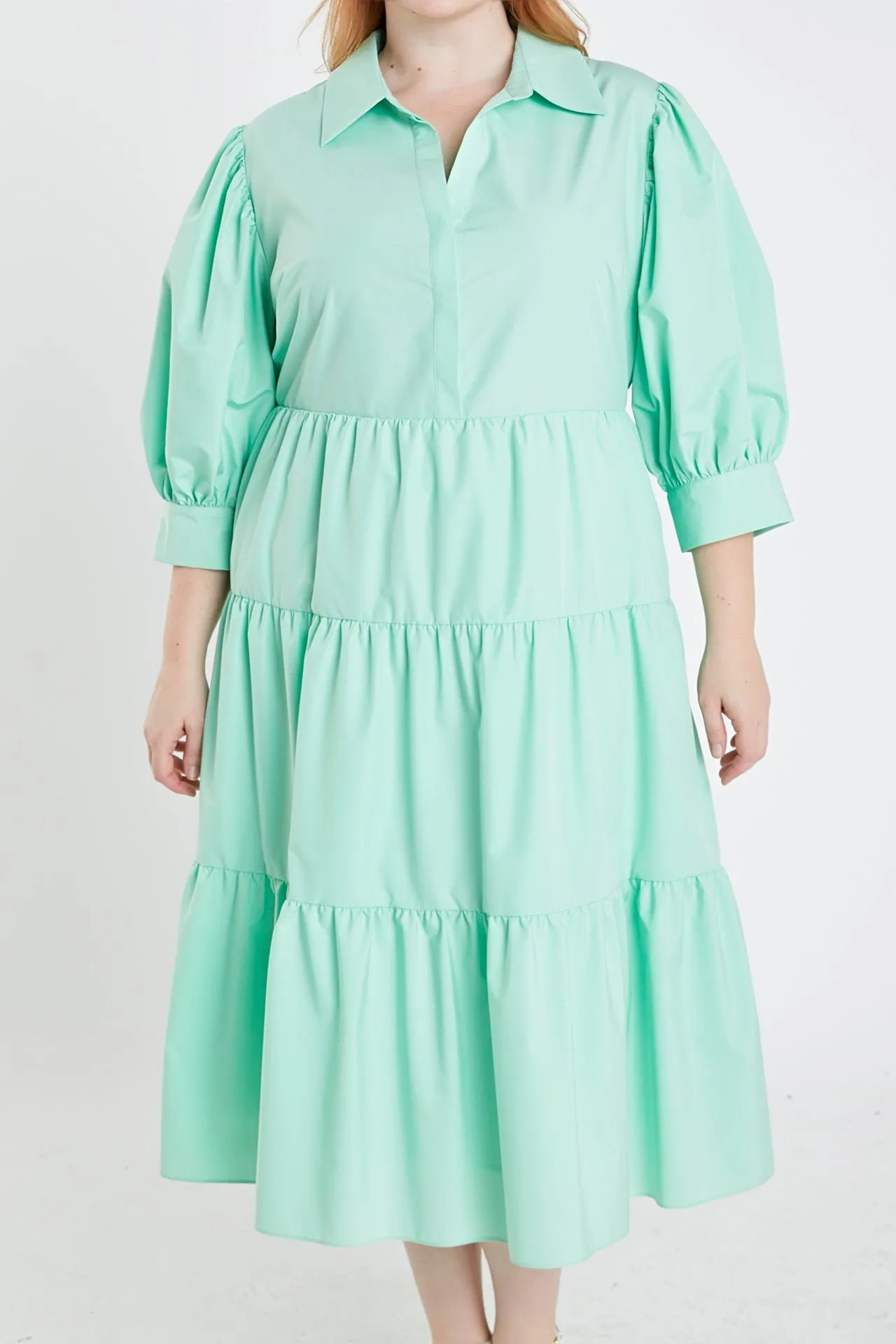 Plus Size V-neckline Puff Sleeve Midi Dress