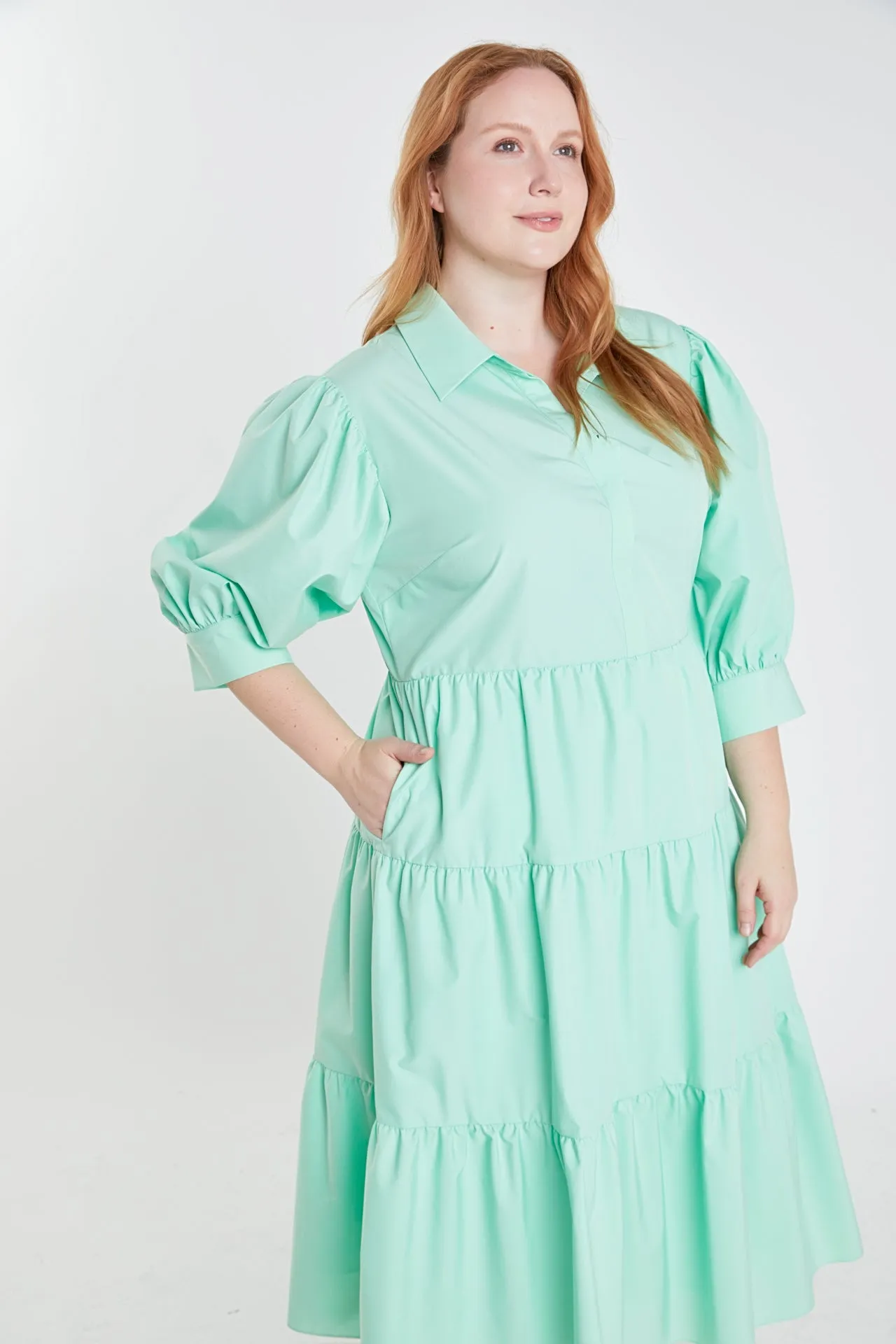 Plus Size V-neckline Puff Sleeve Midi Dress