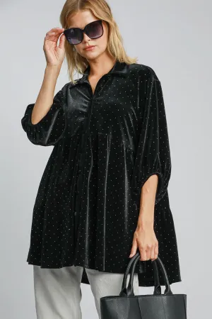 Polka Dot Button Up Half Sleeve Velvet Shirt Black