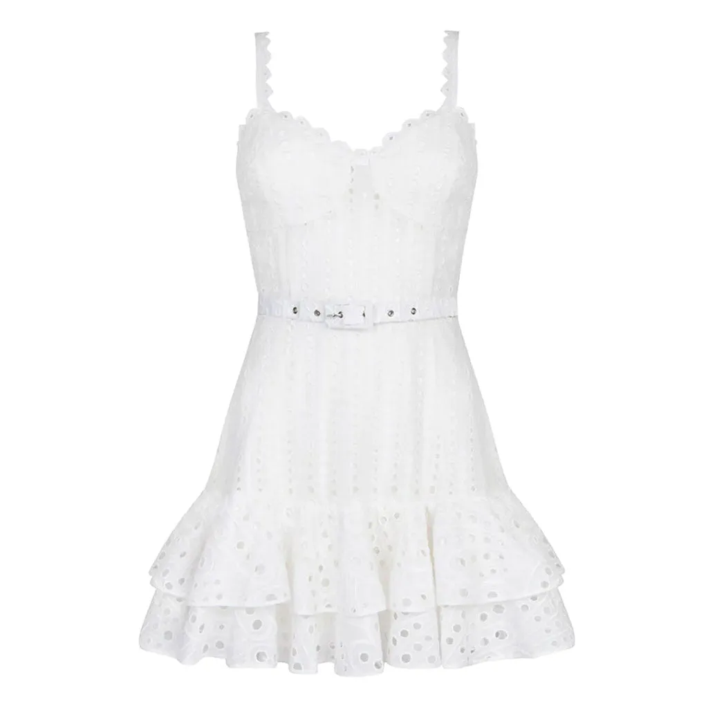 Pretty Scalloped Sweetheart Cami Smocked Belted Tiered Broderie Anglaise Mini Sundress