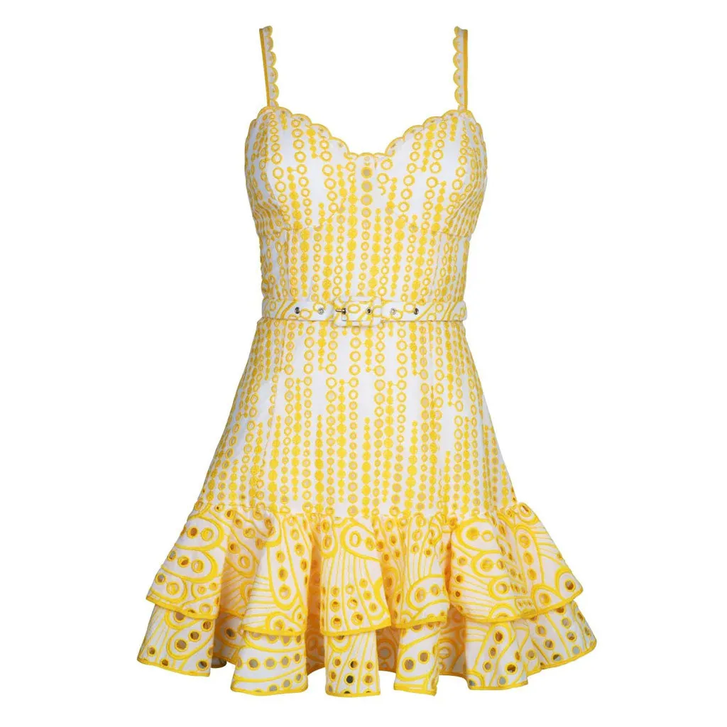 Pretty Scalloped Sweetheart Cami Smocked Belted Tiered Broderie Anglaise Mini Sundress