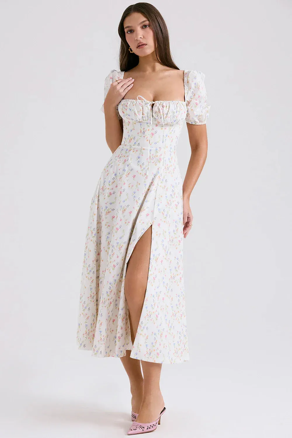 Puff Sleeves Floral Charming Printed Midi Dress