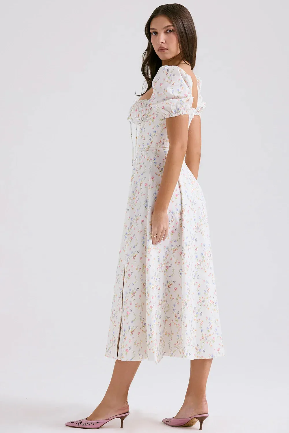 Puff Sleeves Floral Charming Printed Midi Dress