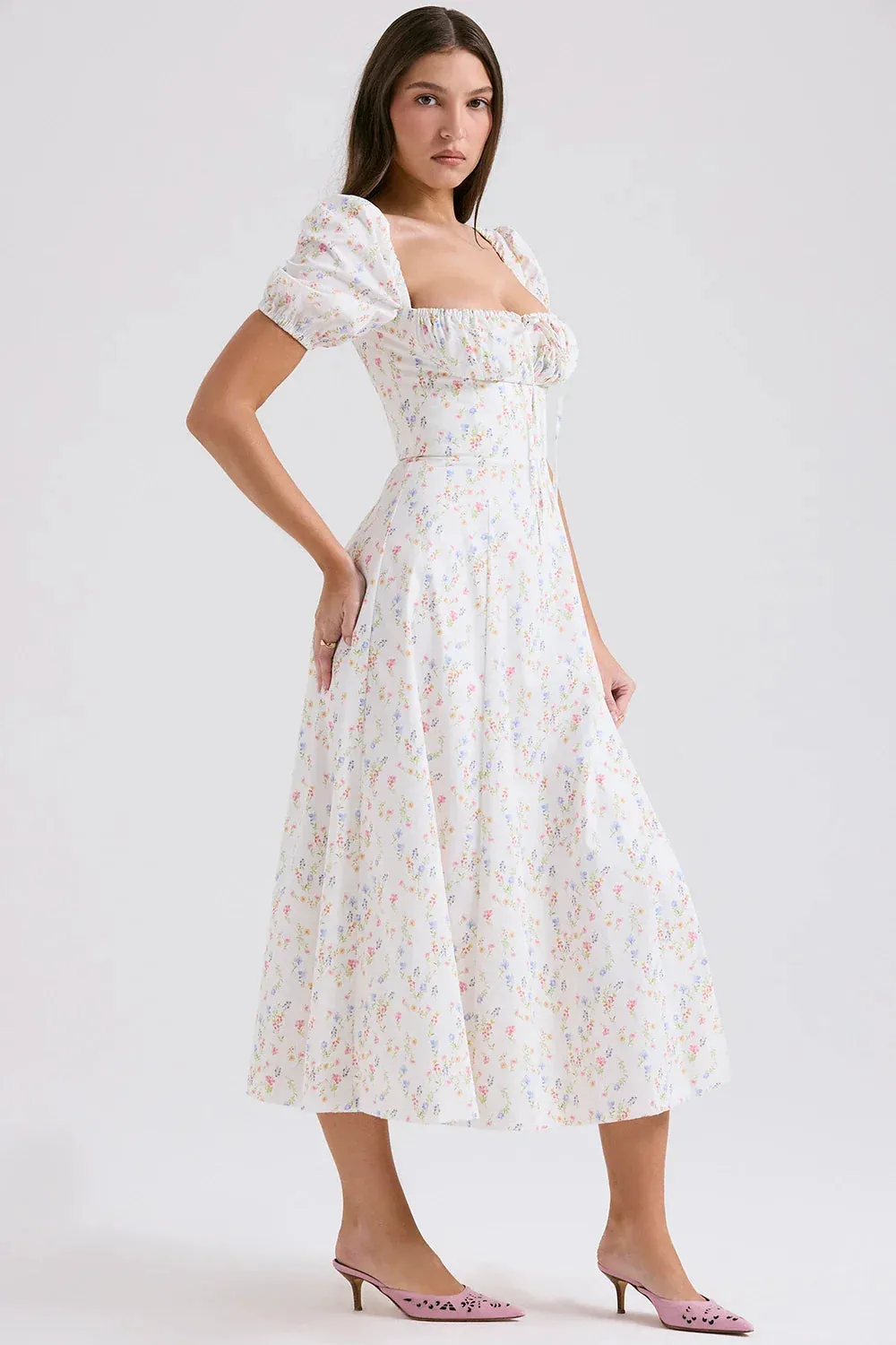 Puff Sleeves Floral Charming Printed Midi Dress