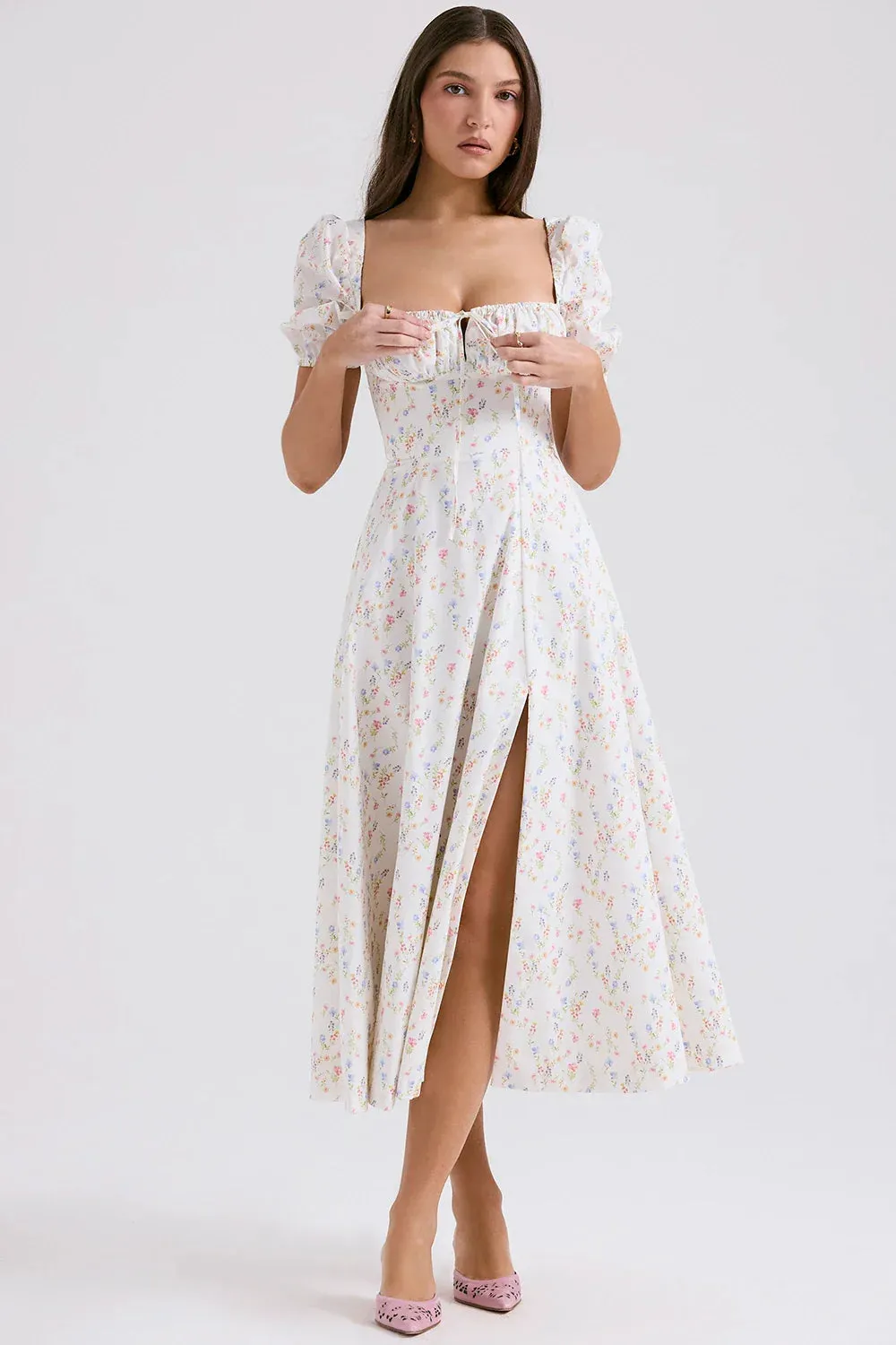 Puff Sleeves Floral Charming Printed Midi Dress